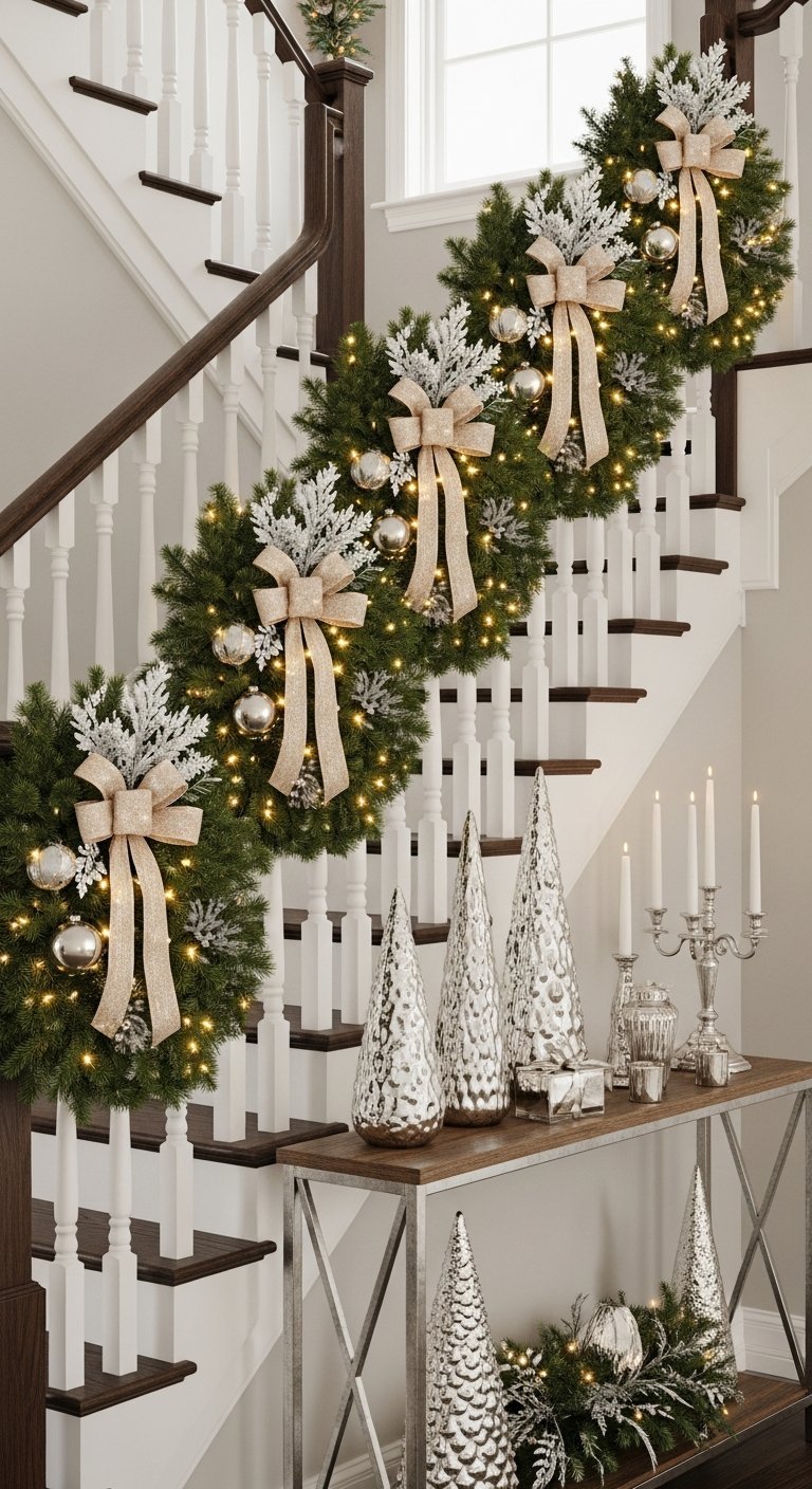 Décoration escalier noël avec couronnes individuelles sur la rampe