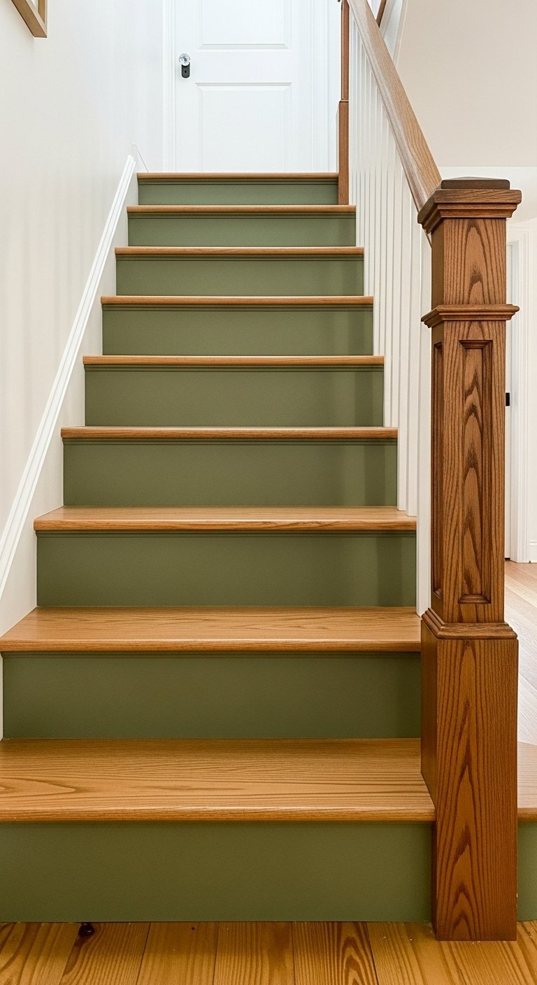 Escalier avec contremarches peintes en vert sauge et marches en bois naturel