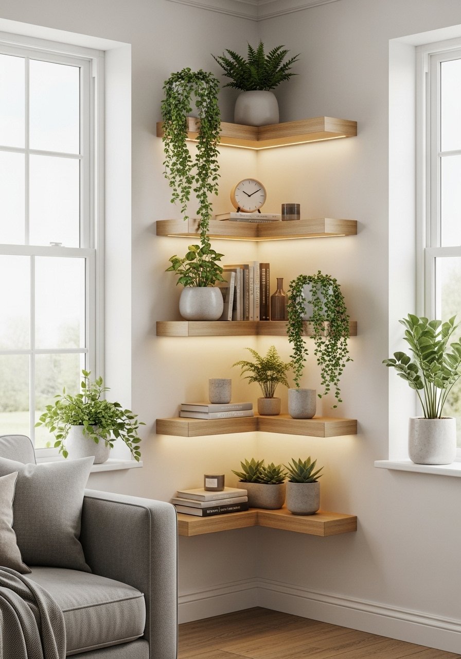 Etagere angle bois led plantes