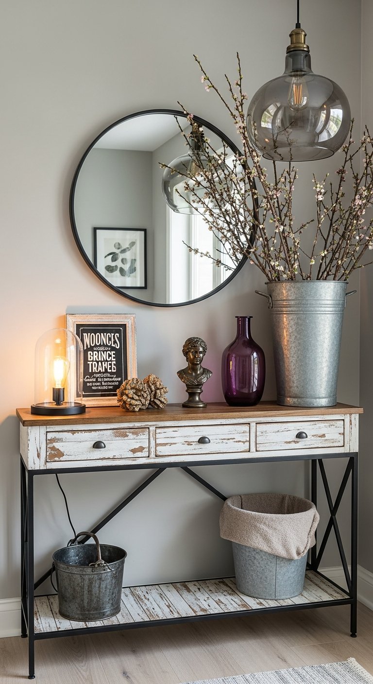 Miroir rond au dessus d une console industrielle en bois blanc patiné et métal
