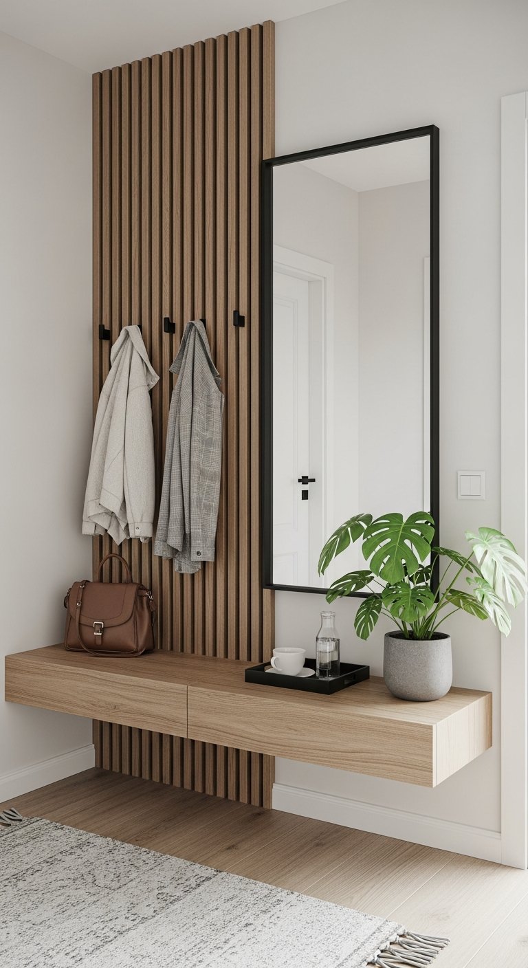 Panneau en tasseaux de bois avec console flottante et miroir rectangulaire