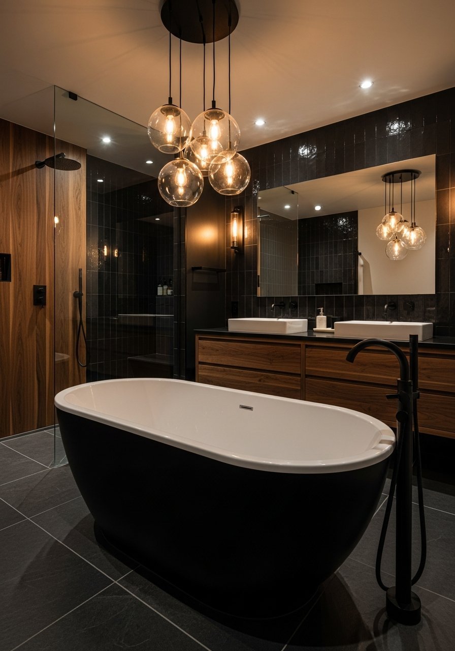 Parement pierre noire vasque bois live edge