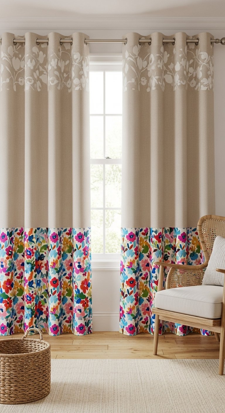 Rideaux de salon beiges avec une partie inferieure a motifs floraux colores