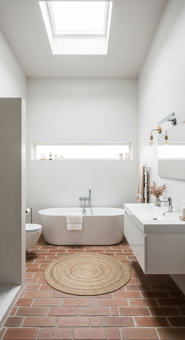 Salle de bain blanche avec murs en beton cire et sol en briques