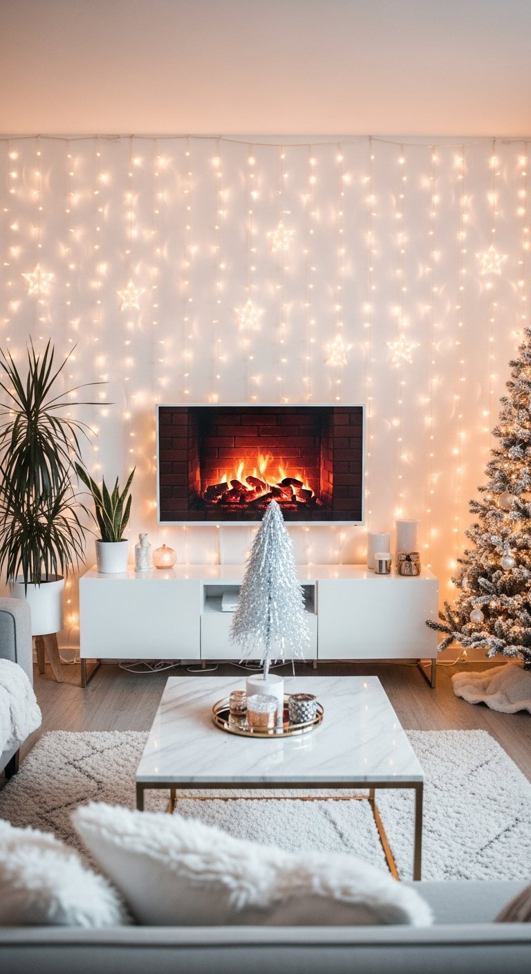 Salon avec un mur entier recouvert de guirlandes lumineuses rideau derrière un meuble TV blanc
