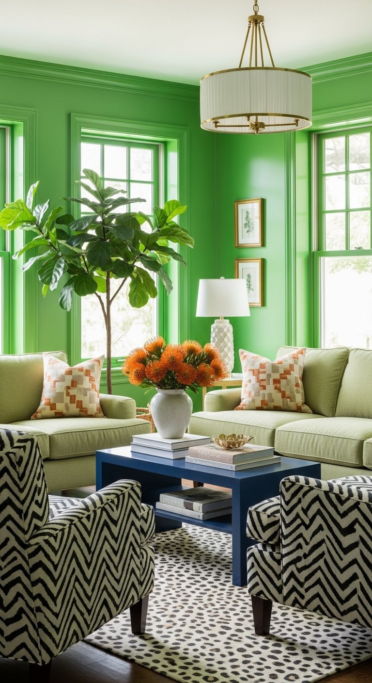Salon vibrant avec murs vert pomme canapes assortis et fauteuils a motifs zebre