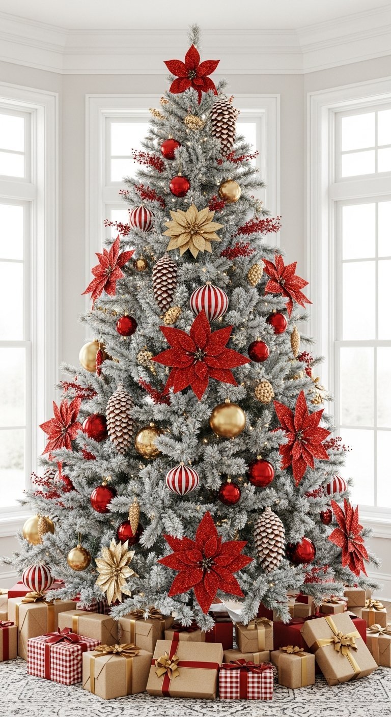 Sapin de Noël floqué argenté avec décorations rouges et dorées