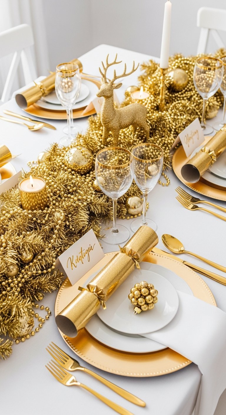 Table de Noel blanche et doree opulente avec renne dore