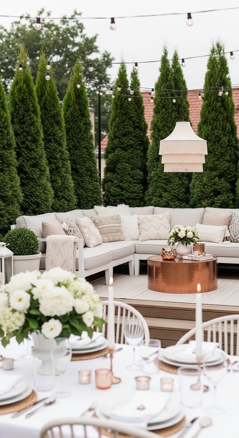 Terrasse chic avec coin salon et coin repas table basse en cuivre et suspension