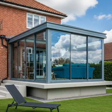 Véranda cube en verre surélevée avec canapé bleu