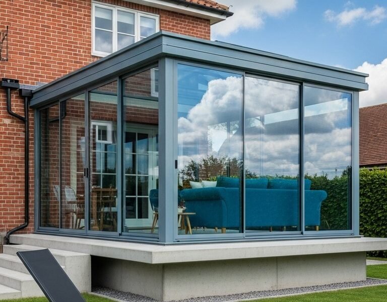 Véranda cube en verre surélevée avec canapé bleu