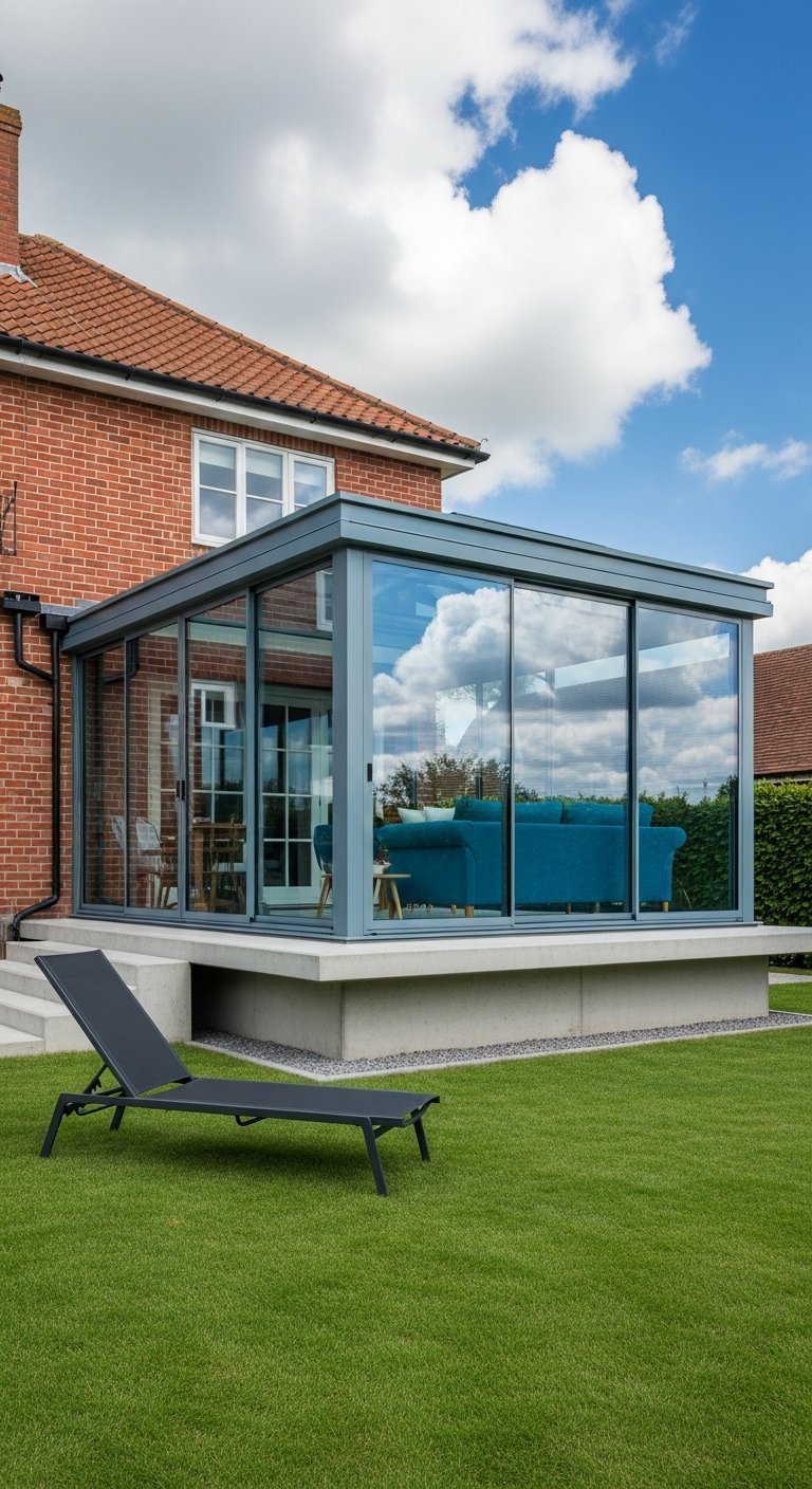 Véranda cube en verre surélevée avec canapé bleu