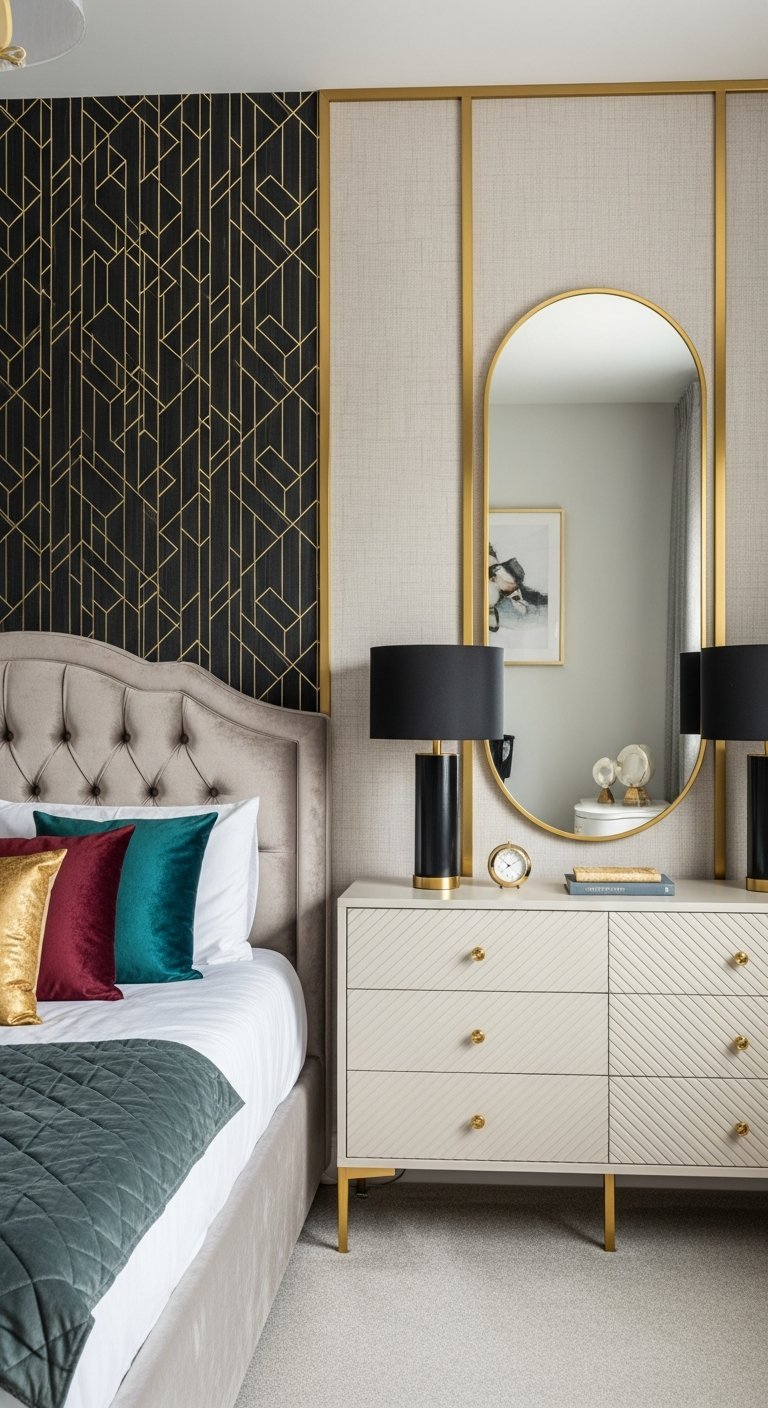 Chambre luxe beige et or avec papier peint graphique et coussins en velours colores