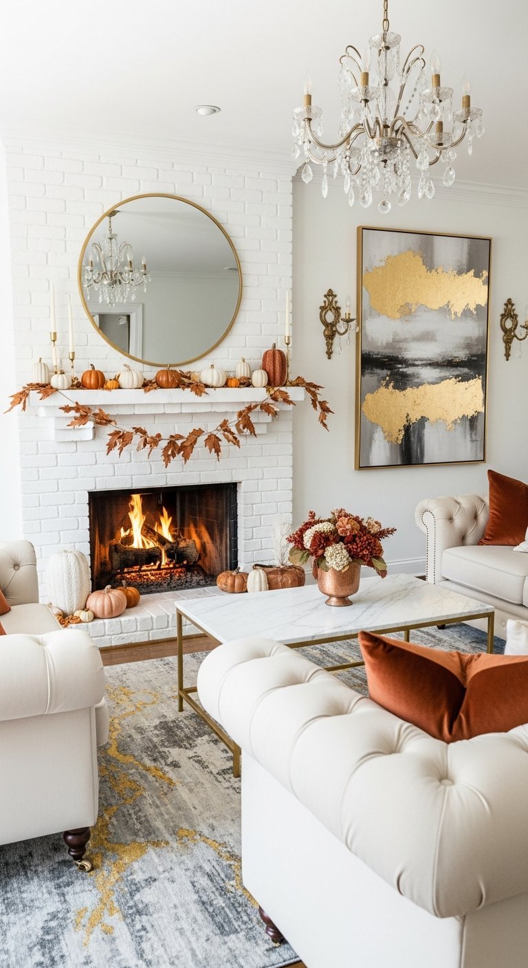 Cheminée briques blanches avec décoration automne citrouilles