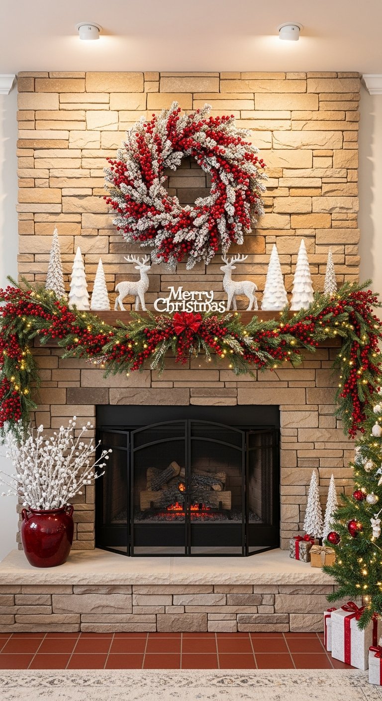 Cheminee en pierre avec couronne de baies rouges et blanches et signe Merry Christmas