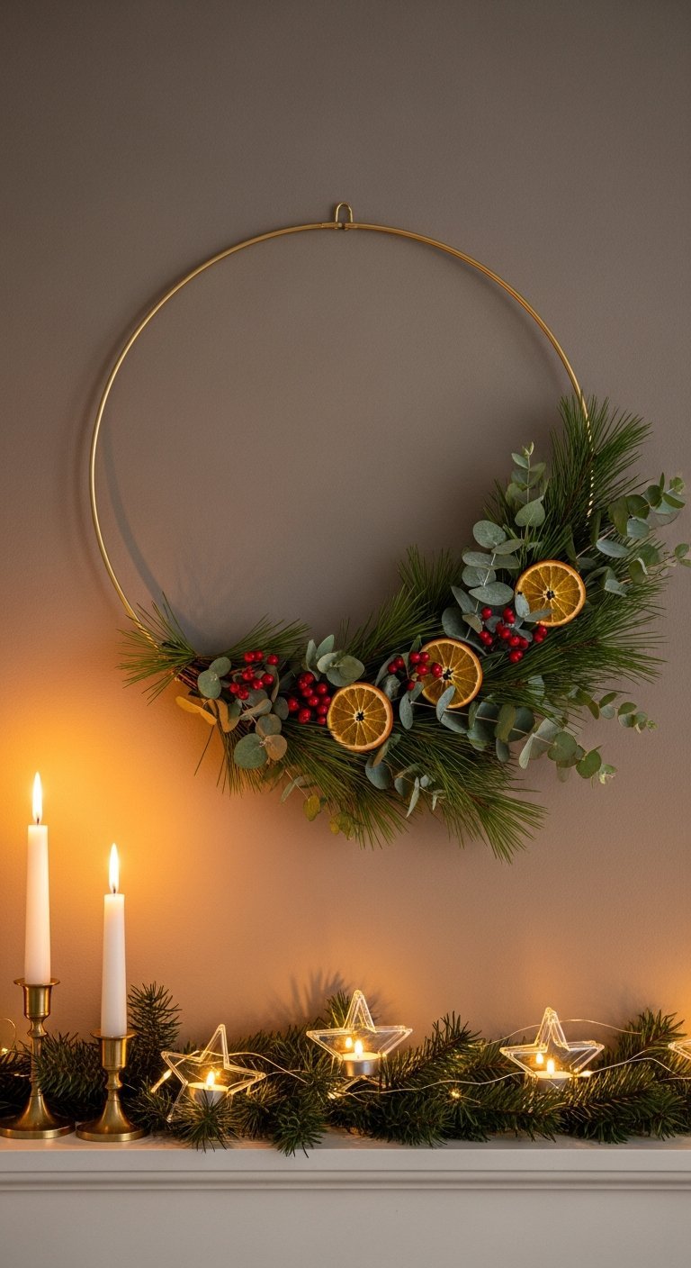 Couronne de Noel moderne minimaliste sur cerceau dore avec eucalyptus et oranges sechees