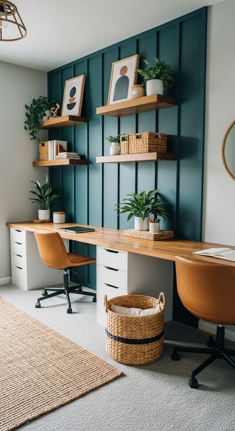 Double bureau de travail à la maison mur bleu et chaises cuir
