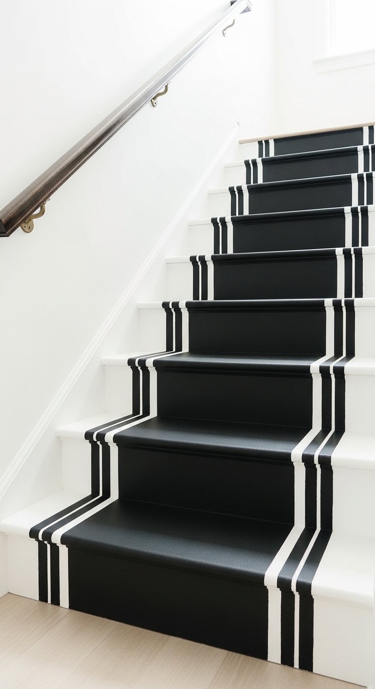Escalier blanc avec un tapis peint en noir et des rayures blanches décoratives sur les bords