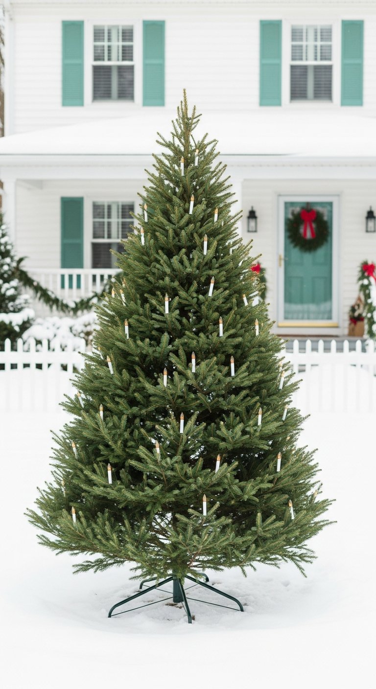 Grand sapin de Noël dans la neige avec lumières bougies