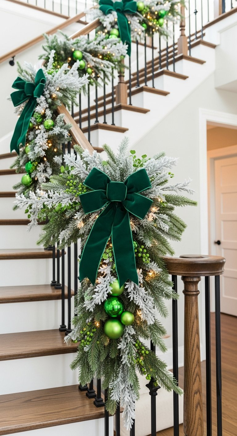 Guirlande escalier noël floquée avec nœuds en velours vert émeraude