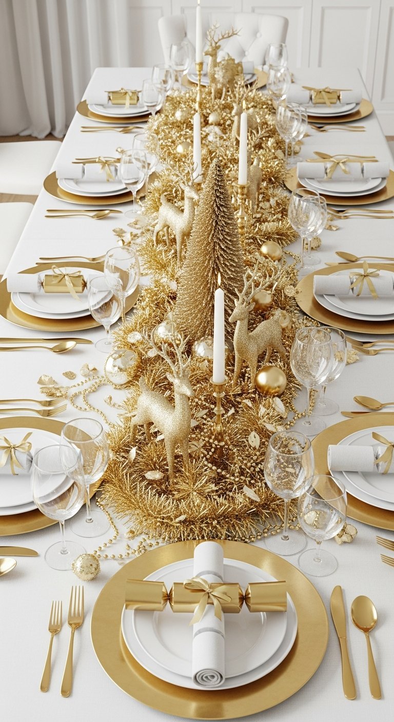 Longue table de Noel blanche et doree avec chemin de table scintillant