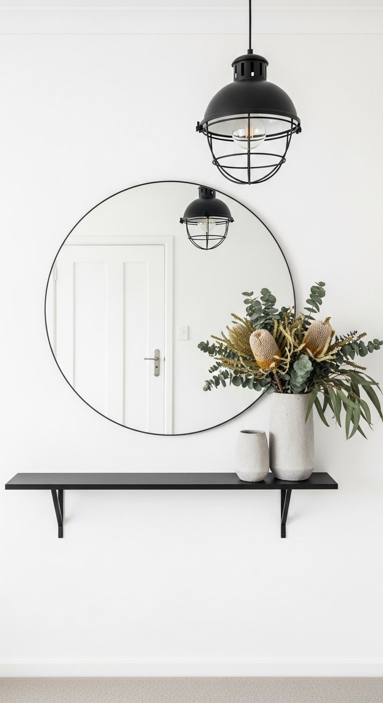 Miroir rond cadre noir au dessus d une étagère noire et suspension industrielle