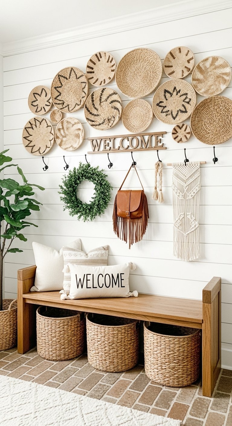 Mur de paniers tresses au dessus dun banc en bois