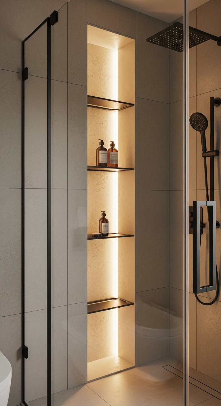 Niche de douche verticale eclairee avec etageres en verre dans douche grise