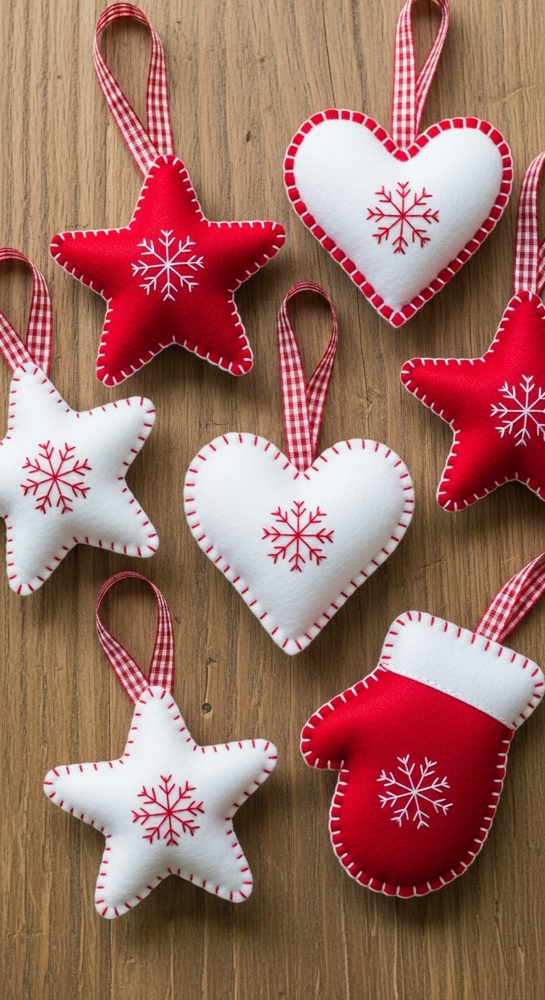 Ornements de noel en feutrine rouge et blanche cousus a la main