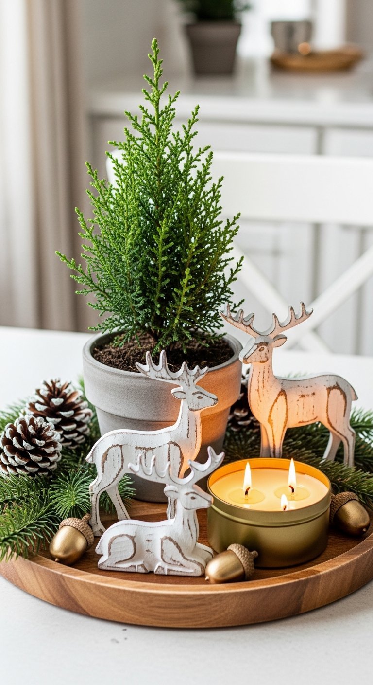 Plateau en bois avec petit conifere et rennes pour noel