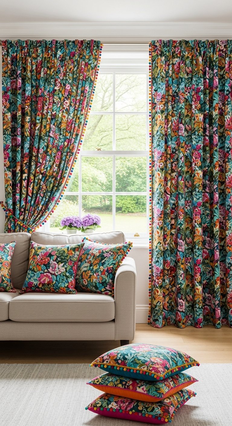 Rideaux de salon a motifs floraux colores et denses avec pompons