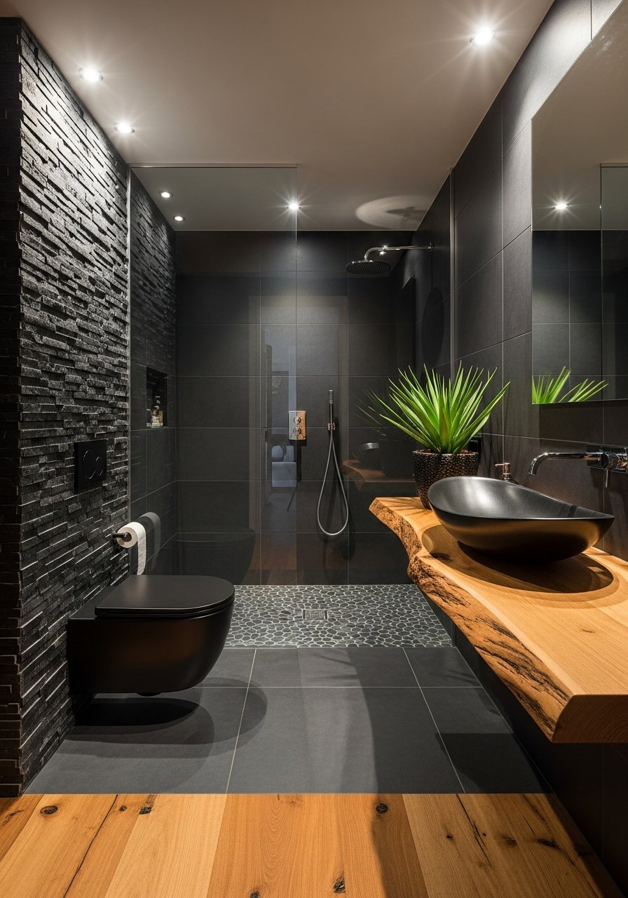 Salle bain marbre blanc meuble fonce