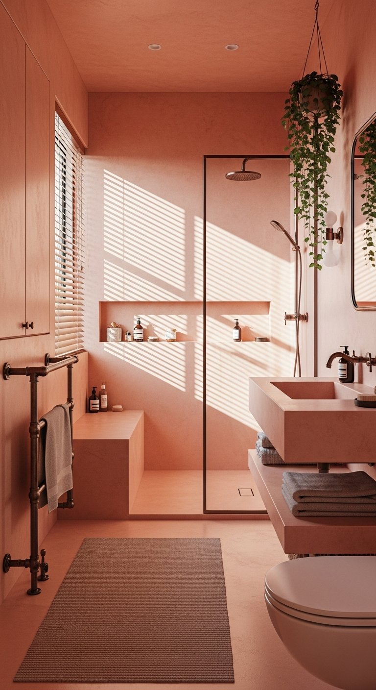 Salle de bain monochrome en beton cire rose terracotta avec douche