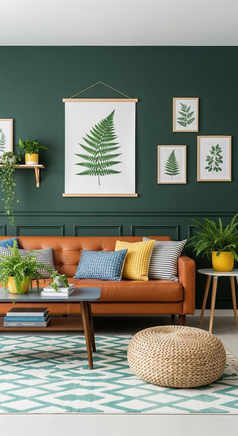 Salon avec mur vert fonce canape en cuir camel et affiches botaniques de fougeres