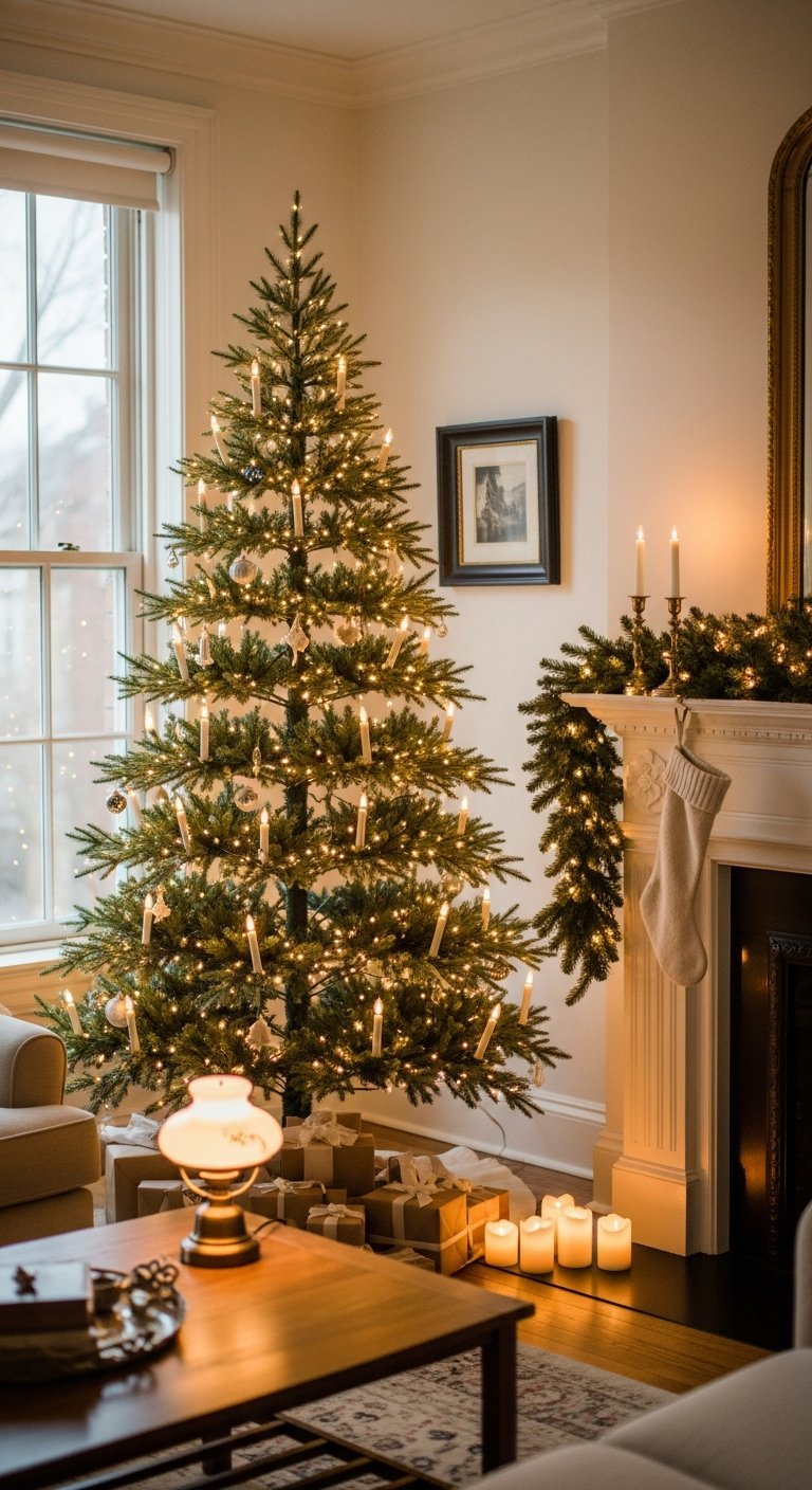 Salon classique faiblement éclairé avec un grand sapin de Noël et des bougies sur la cheminée