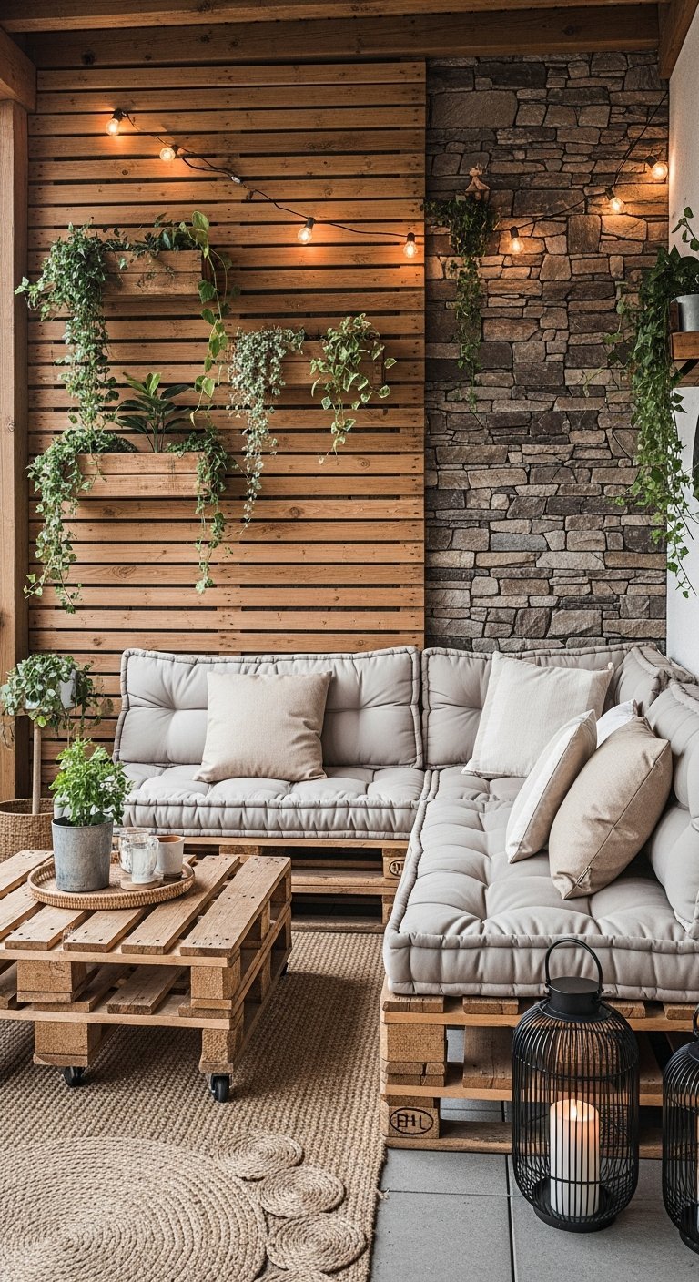 Salon de jardin en palettes sur terrasse avec mur en pierre et plantes suspendues