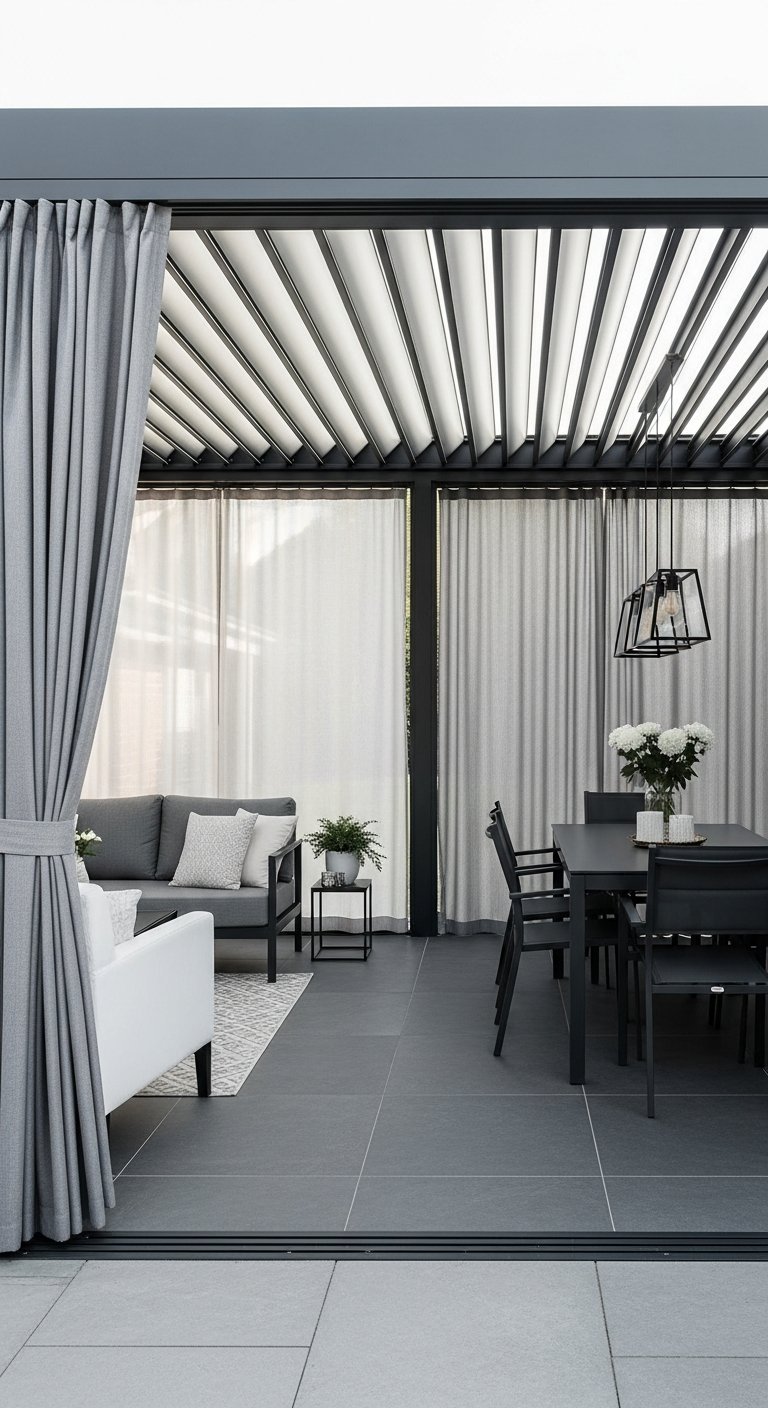 Véranda terrasse avec toit à lames et rideaux gris