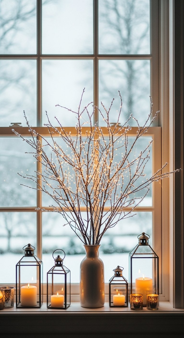 Branches lumineuses dans un vase entourées de lanternes sur rebord de fenêtre