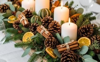 Centre de table noel naturel allonge avec bougies et agrumes seches