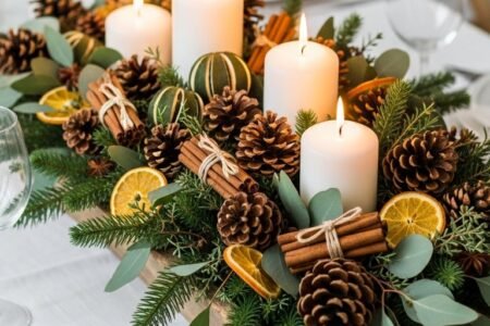 Centre de table noel naturel allonge avec bougies et agrumes seches
