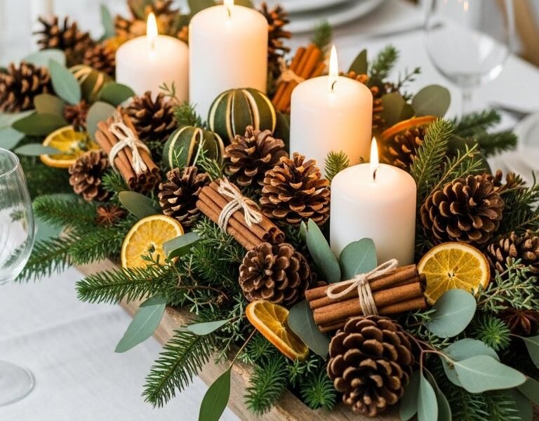 Centre de table noel naturel allonge avec bougies et agrumes seches