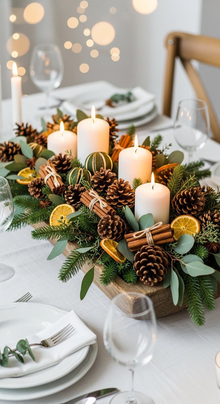 Centre de table noel naturel allonge avec bougies et agrumes seches