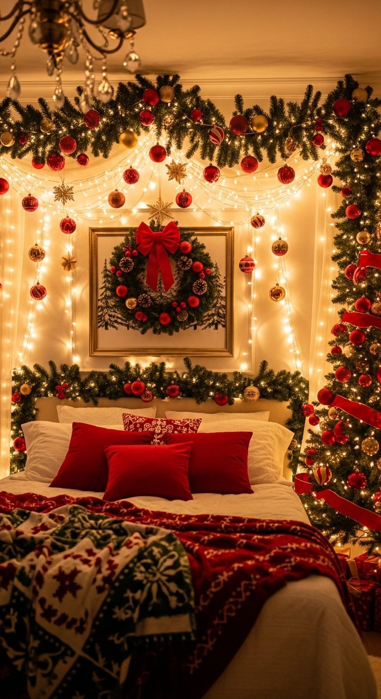 Chambre à coucher abondamment décorée pour Noël avec des guirlandes rouges et dorées au dessus du lit