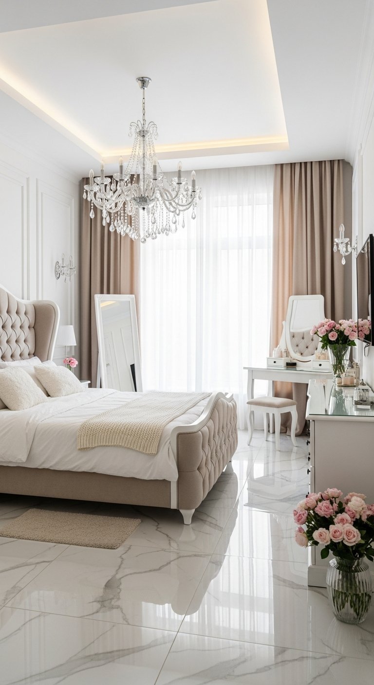 Chambre a coucher luxe beige et blanche avec lit capitonne et lustre en cristal
