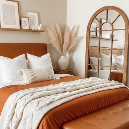 Chambre adulte beige avec linge de lit terracotta rouille et miroir arche
