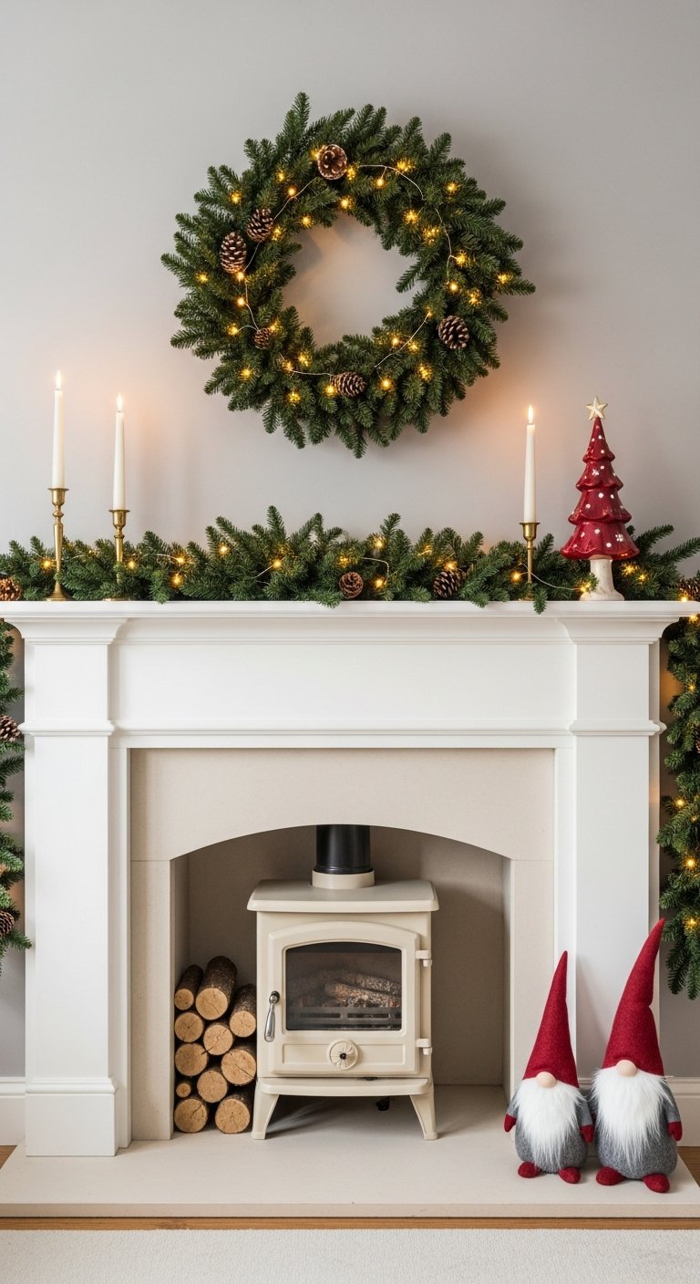 Cheminee blanche avec poele a bois et gnomes de Noel