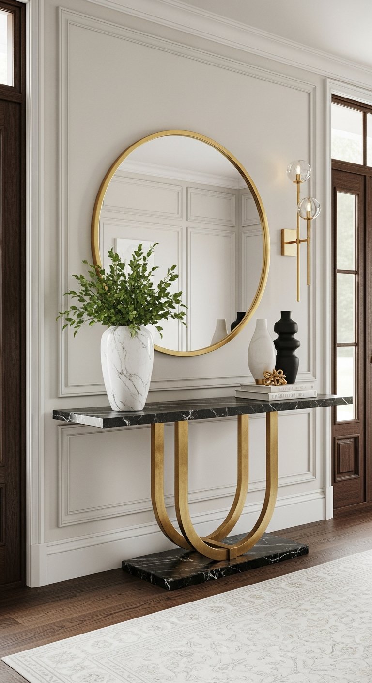 Console design or et marbre noir avec grand miroir rond dore