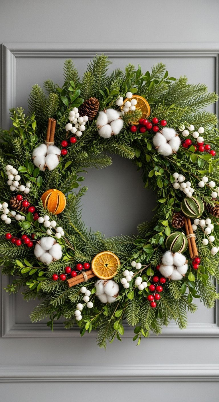 Couronne de Noel moderne avec coton baies blanches oranges sechees et batons de cannelle