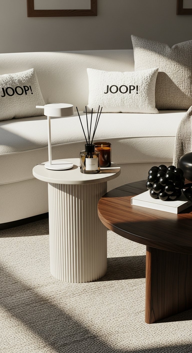 Détail table basse bois et coussins marque luxe