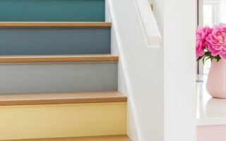 Escalier avec contremarches peintes en bleu jaune et rose pastel style scandinave